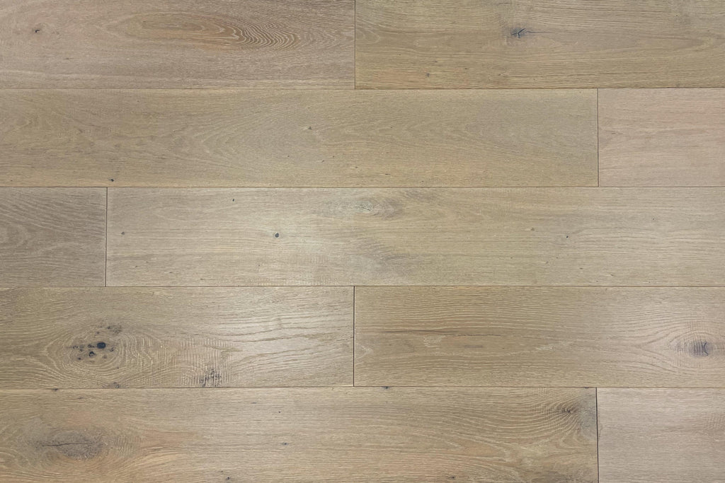 European Oak engineered wood flooring/hardwood/ABCD grade/4 mm top layer/4 mm wear layer/multi-layer core/dark shade/wirebrushed surface/matte finish/beveled edges/glue down installation/nail down installation/concrete subfloor/plywood subfloor/wood acclimation/CARB compliant/Floorscore/EPA/lifetime warranty/grey color/gray/knots/radiant heat compatible/UV lacquer finish/random length/rustic/4 Sided Tongue & Groove/janka hardness rating/oak/living room floor/dining room floor/basement floor/wood species/DYI